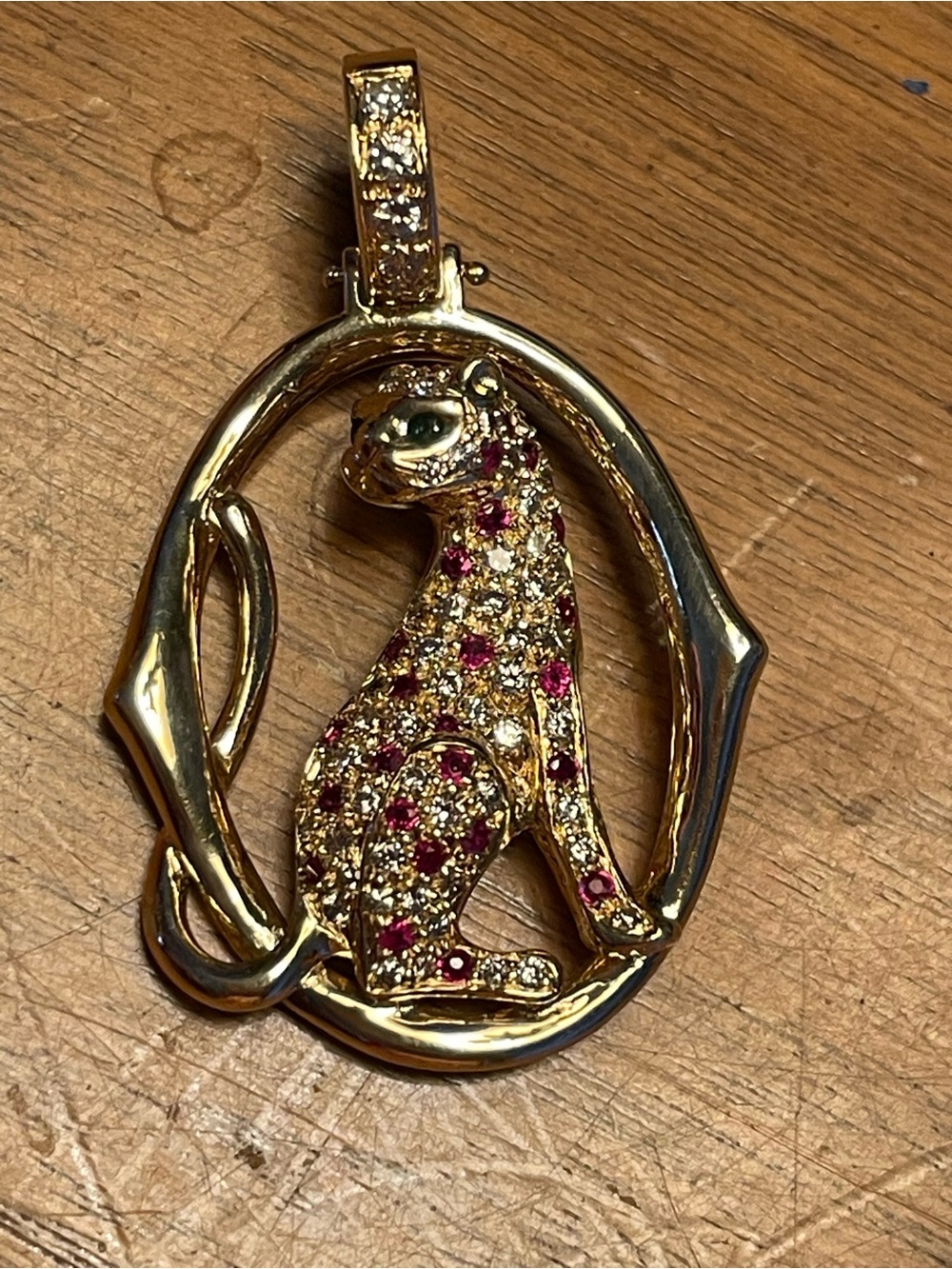 18k gold Cat Pendant with Diamonds, Rubies and Emeralds